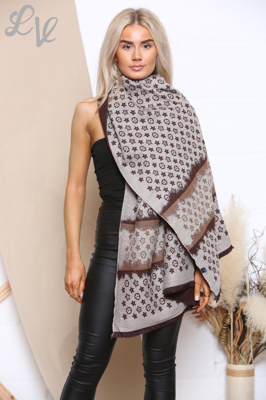 Ladies Star Flowers Print Scarf Stone/Brown Unit Price WAS £8.99 NOW £4.99