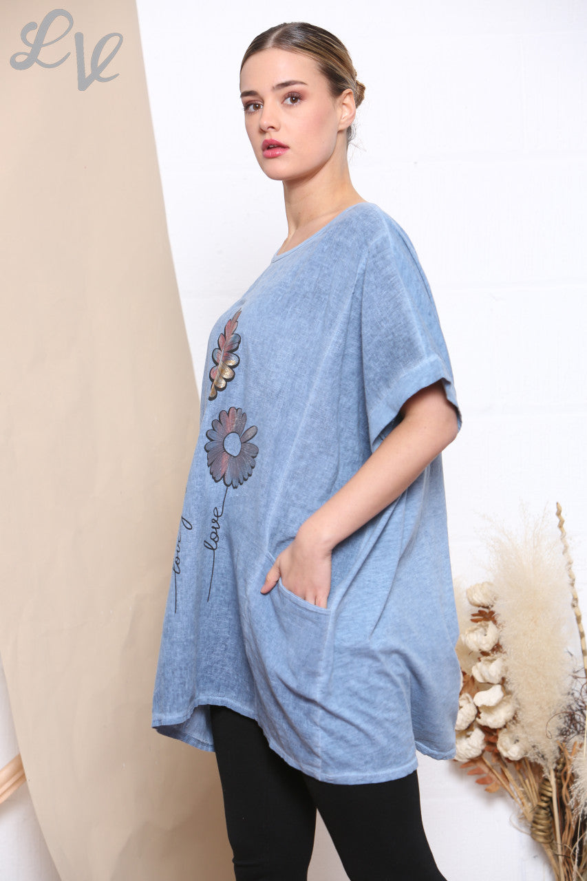 Dames Folie Bloemenprint Top met Zakken van Denim