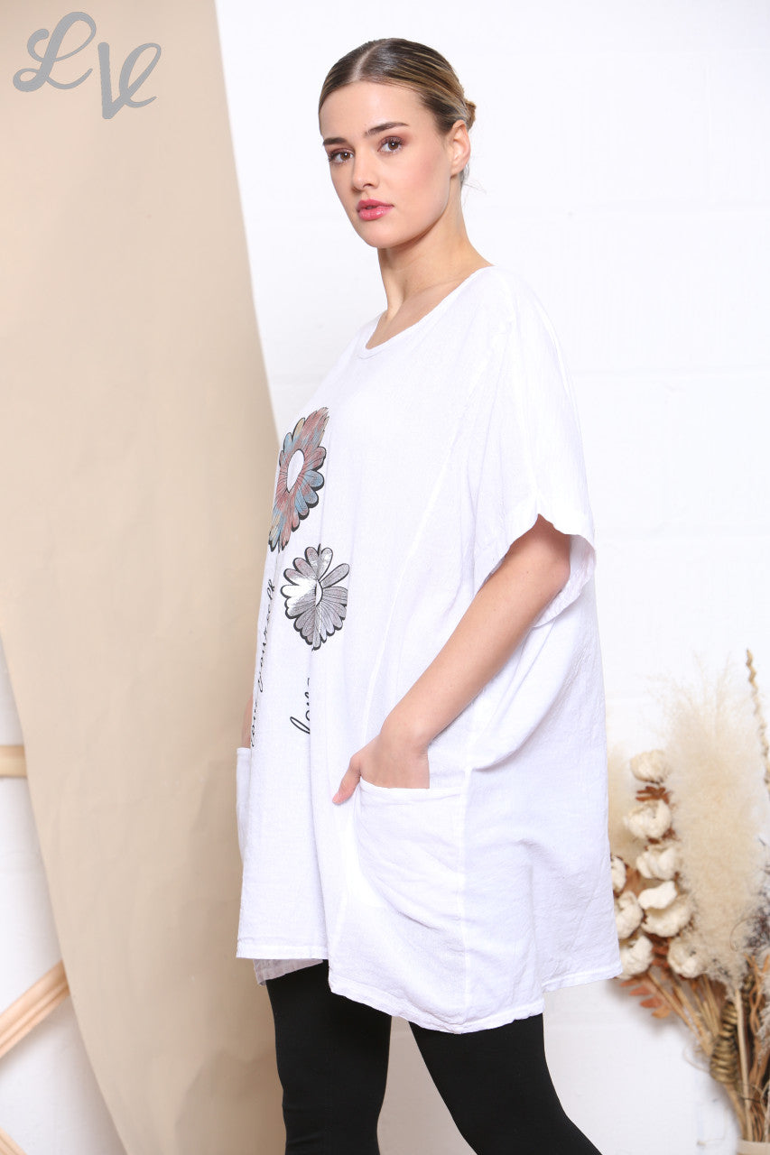 Ladies Foil Flower Print Pocket Front Top White