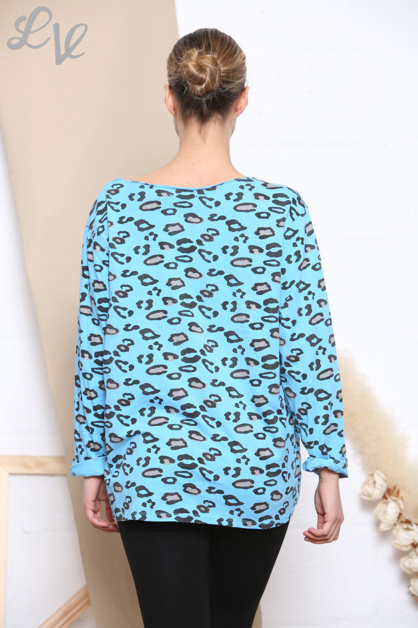 Ladies Animal Print Long Sleeve Top Turquoise -
