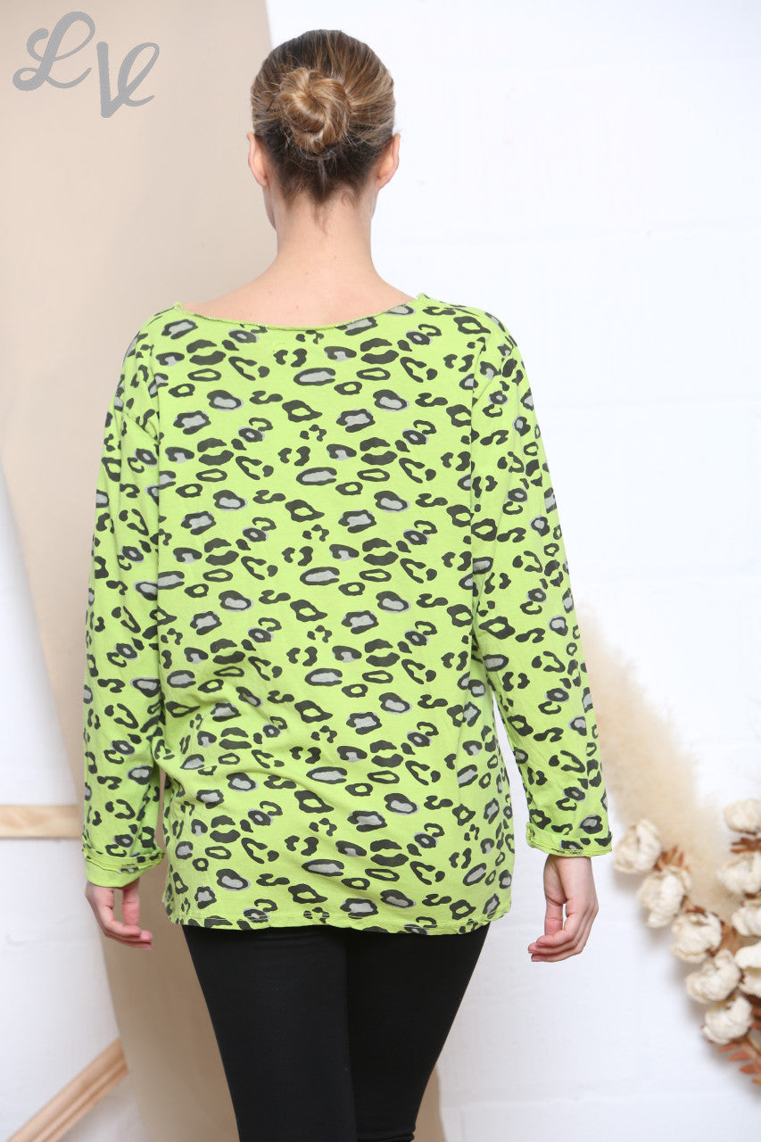 Dames longsleeve met dierenprint limoen -