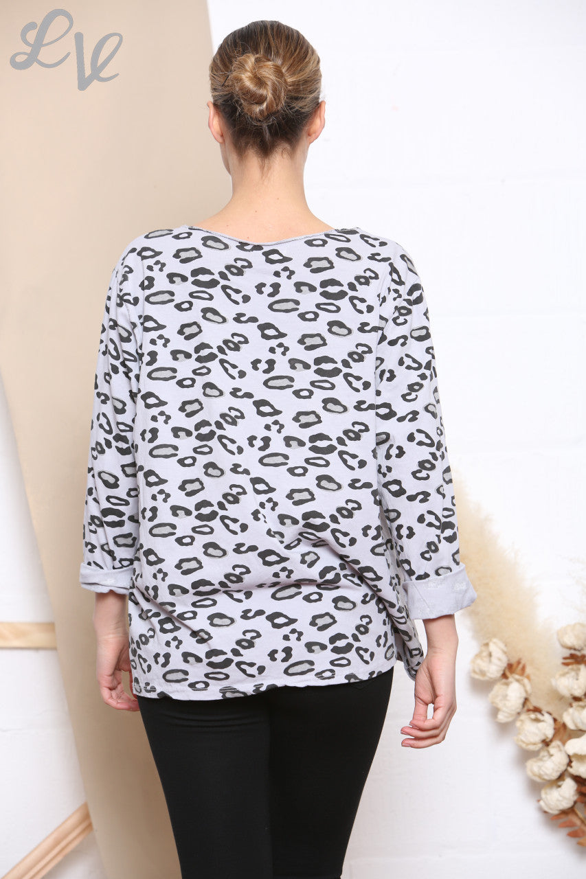 Ladies Animal Print Long Sleeve Top Silver -