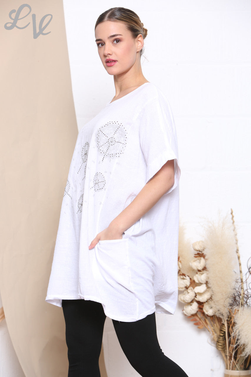 Ladies Dandelion Print Pocket Front Top White -