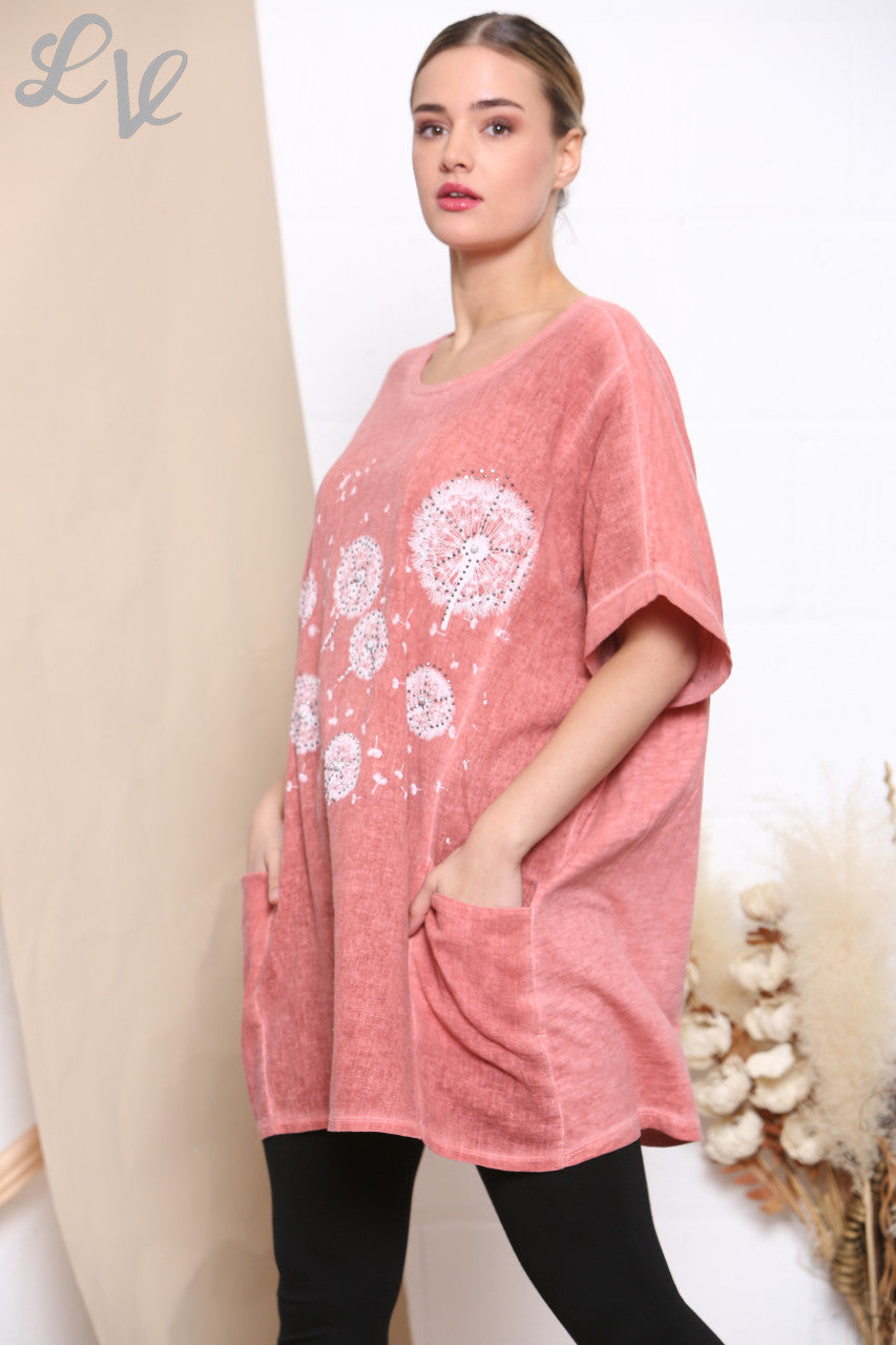 Ladies Dandelion Print Pocket Front Top Coral