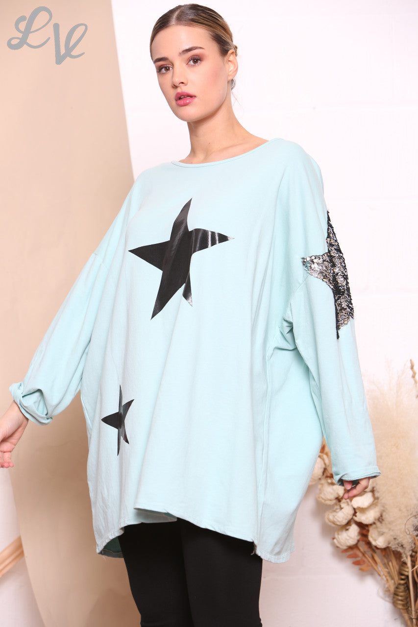 Ladies Star Graphic & Sequin Sweatshirt Top Mint