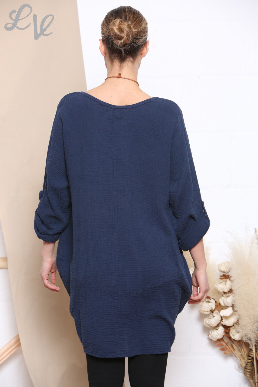 Dames Effen Tuniek Top Met Zakken & Ketting Marineblauw