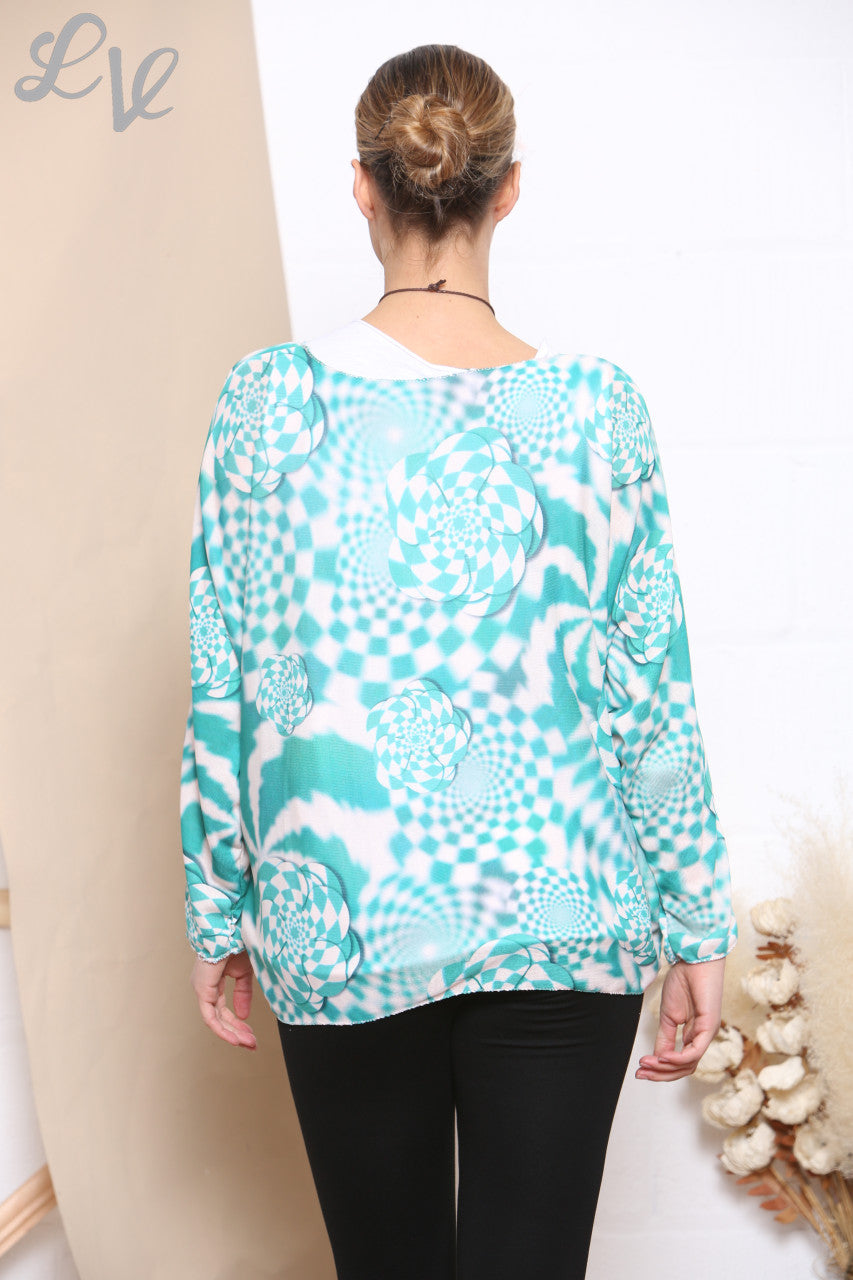 Ladies Retro Check Print 2 Layered Top With Necklace Jade