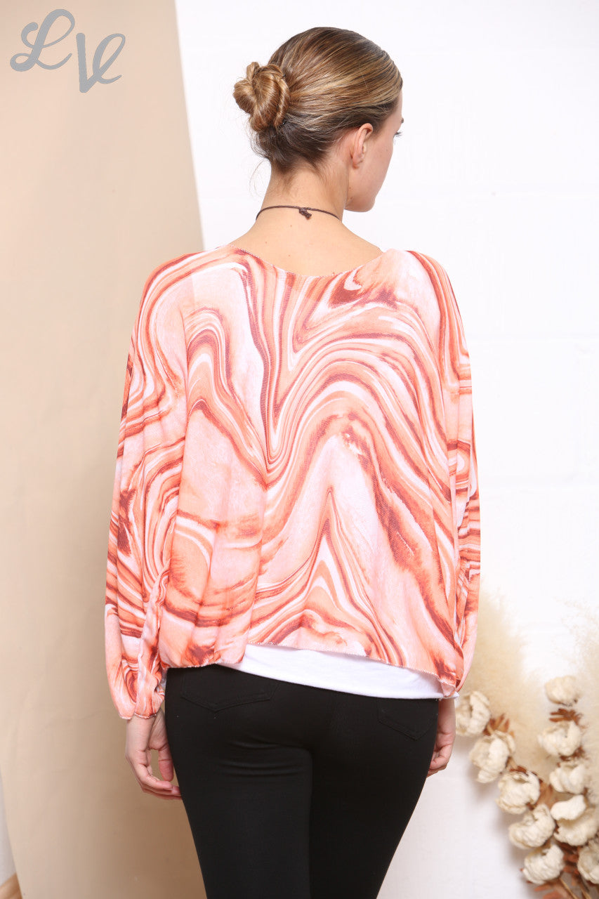 Ladies Retro Swirl Print 2 Layered Top With Necklace Orange