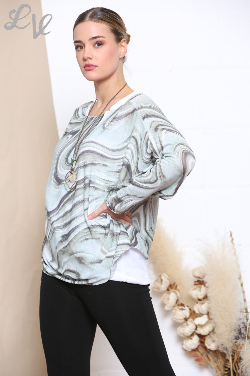 Ladies Retro Swirl Print 2 Layered Top With Necklace Grey