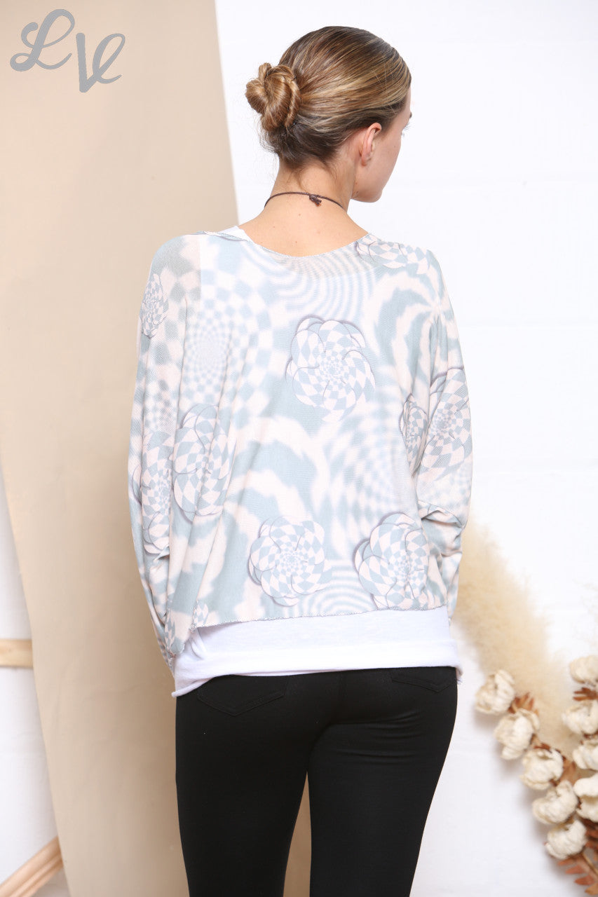 Ladies Retro Check Print 2 Layered Top With Necklace Silver