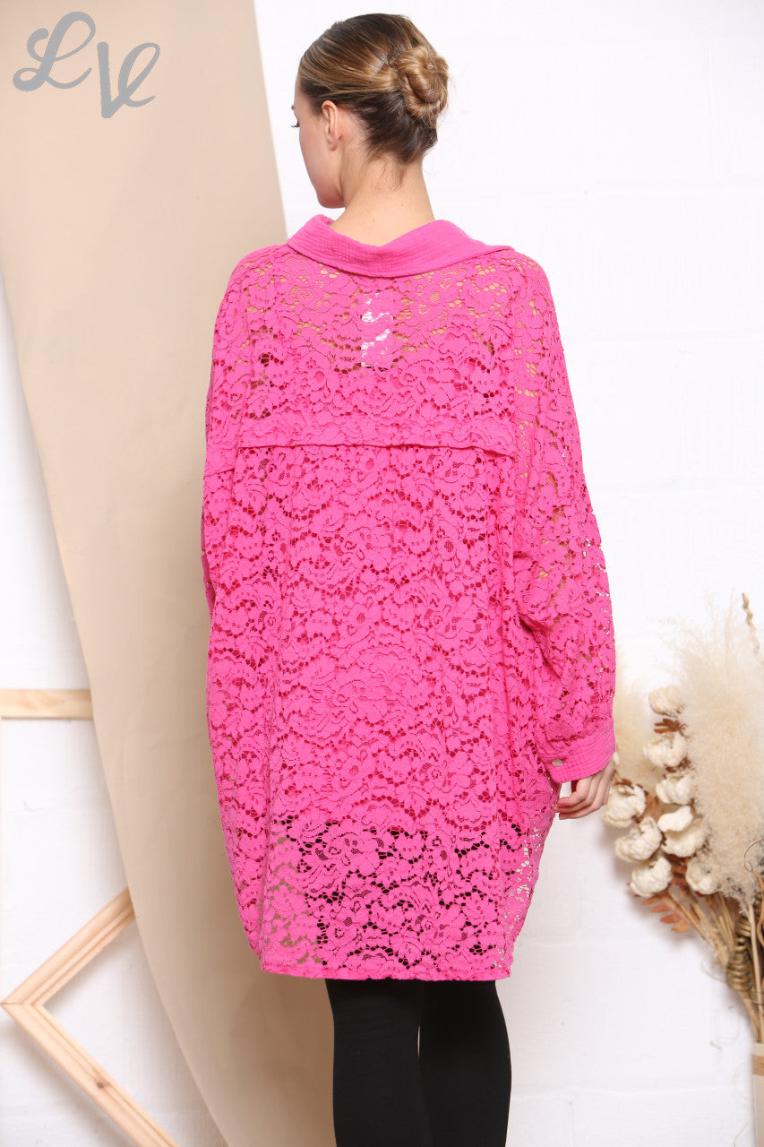 Ladies Lace Shirt Top Cerise