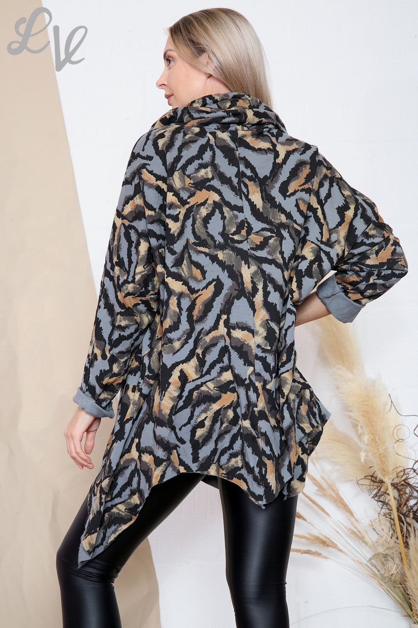 Dames Top met capuchonhals in tijgerprint grijs, stukprijs €11,99
