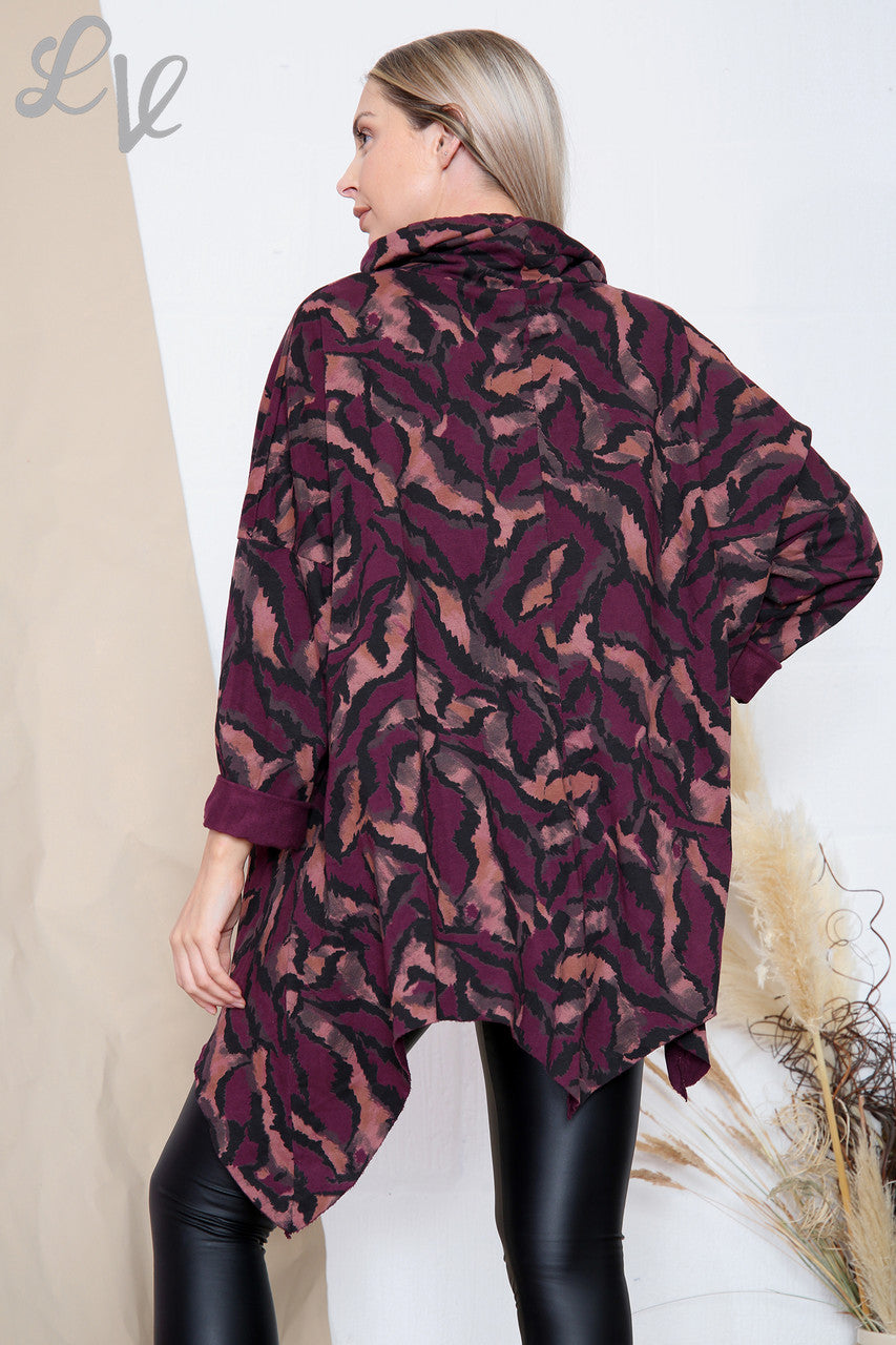 Ladies Tiger Print Cowl Neck Top Burgundy Unit Price £11.99