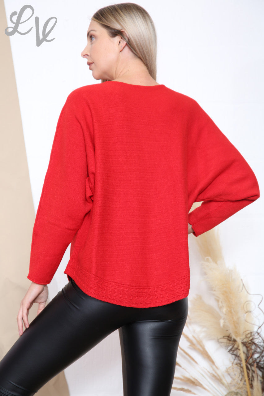 Ladies Cable Knit Hem Detail Jumper Top Red Unit Price £17.99