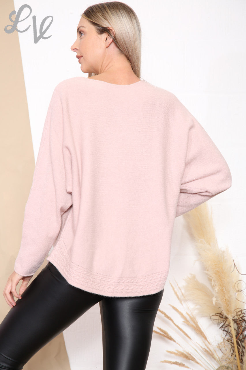 Dameskabeltrui met zoomdetails, stofroze, per stuk. WAS €16,99 NU €13,99