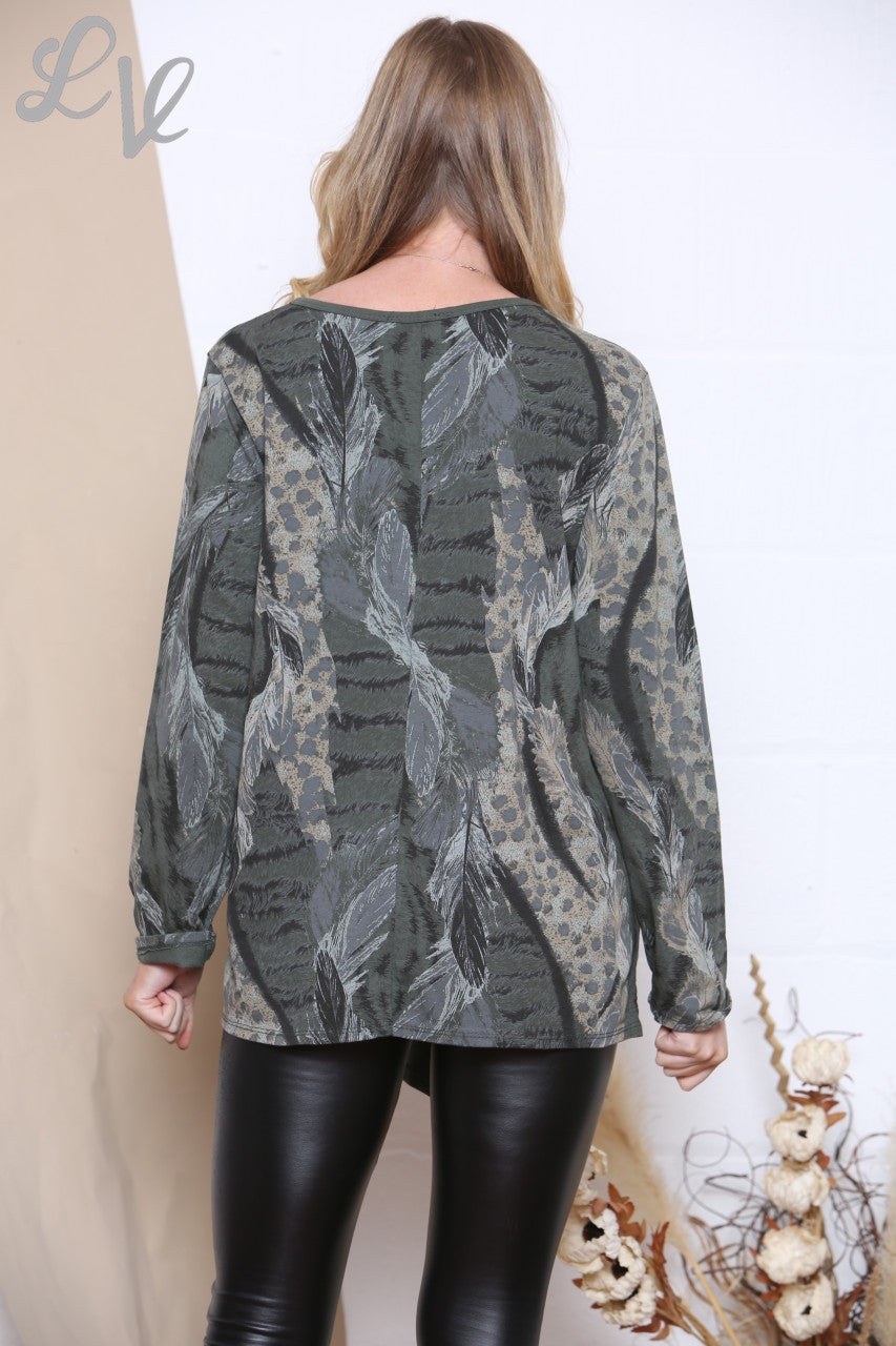 Dames Top met Asymmetrische Print Khaki Stukprijs WAS €12,99 NU €4,99
