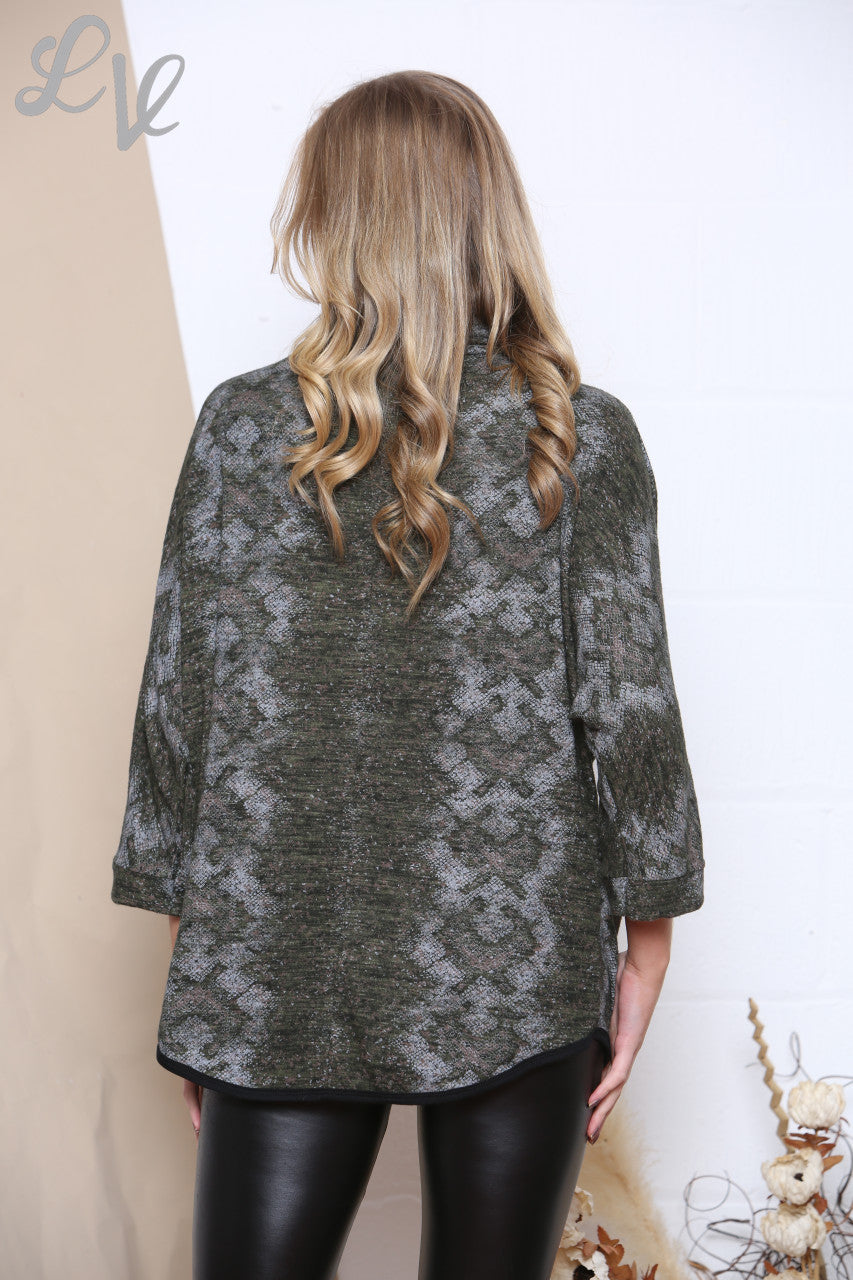 Dames Trui met Col in Slangenprint Kaki Stukprijs € 8,99