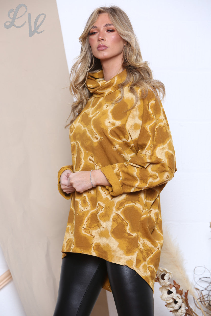 Dames Top met capuchonhals in zuurprint mosterd Stuksprijs WAS £12,99 NU £6,99
