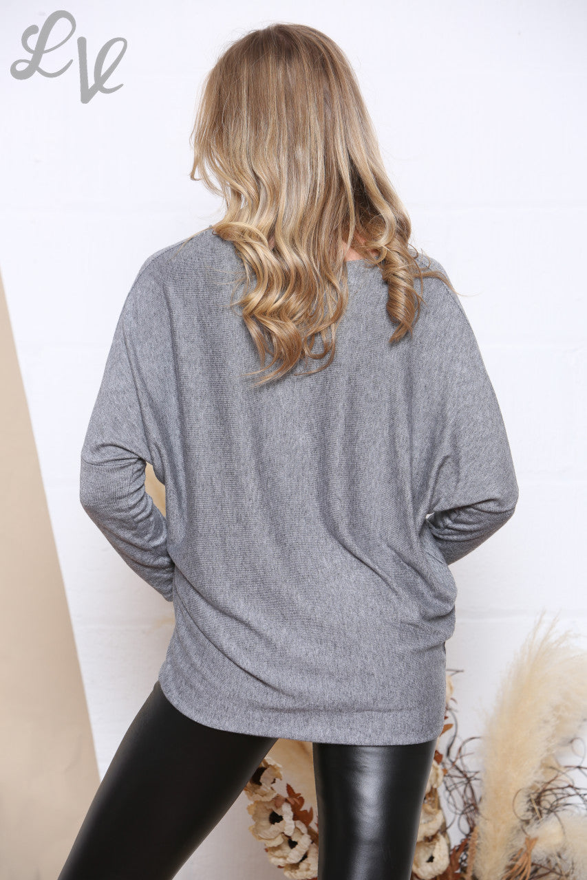 Ladies Love Sequin Heart Top Grey