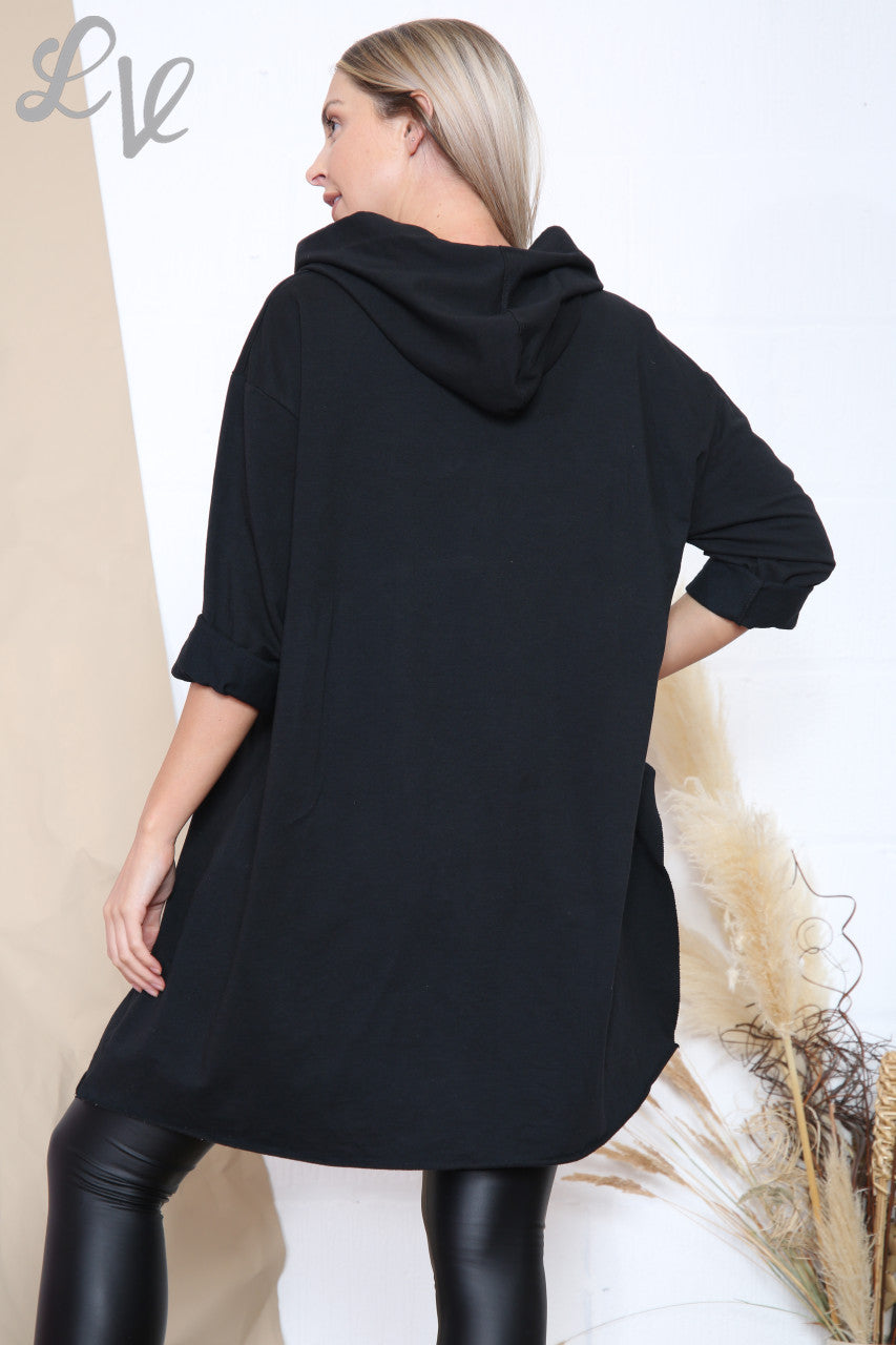 Ladies Sequin Cut Out Detail Hooded Tunic Top Black Unit Price £12.99