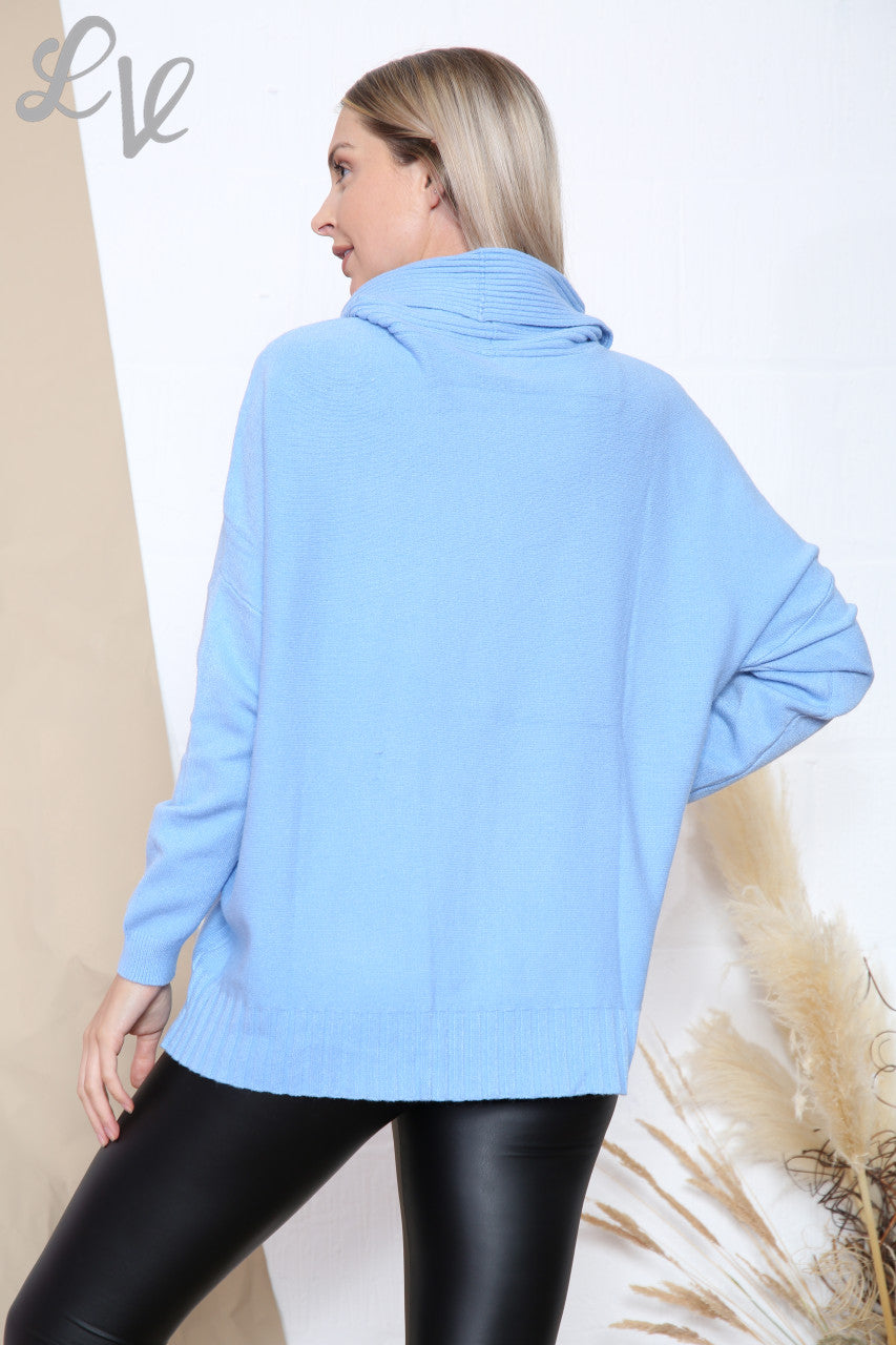 Ladies Ribbed Roll Neck Fine Knit Jumper Top Light Blue Unit Price WAS £17.99 NOW £12.99