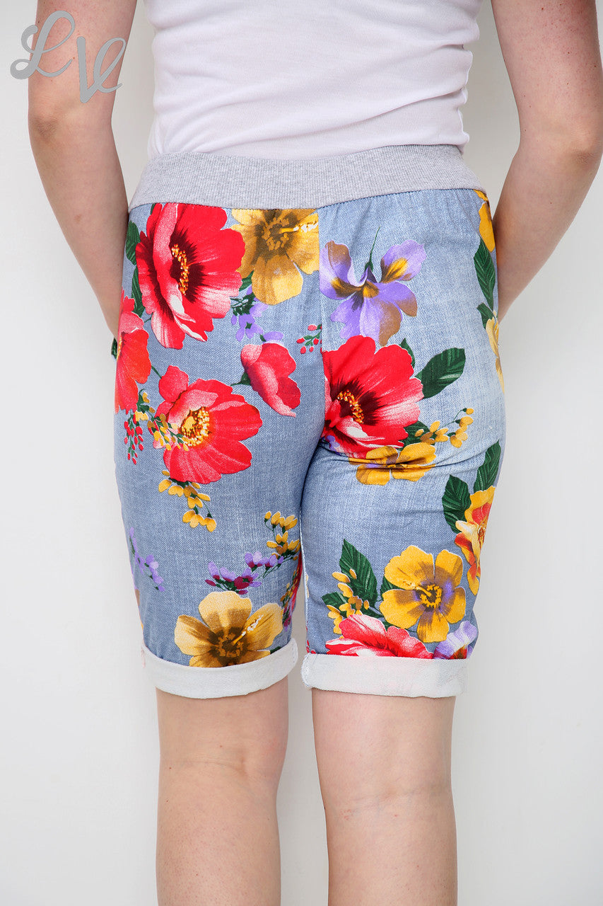Dames Plus Size Bloemenklaprozenprint Denim Shorts - Stukprijs €6,50