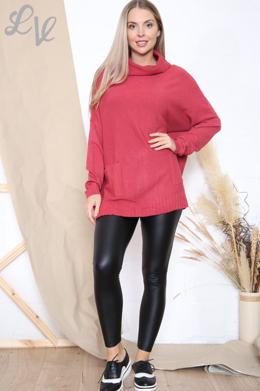 Ladies Ribbed Roll Neck Fine Knit Jumper Top Pink Unit Price £14.99