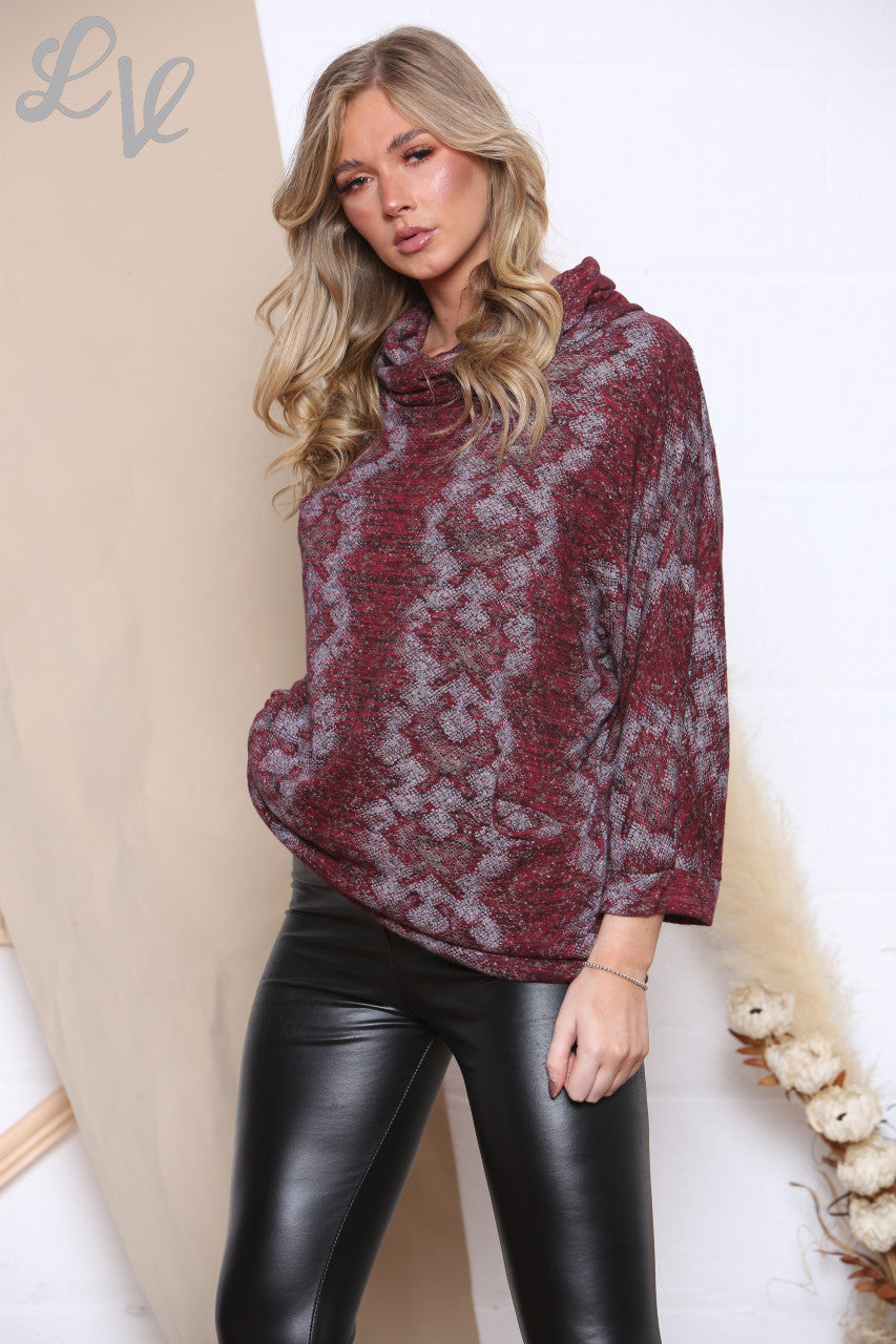 Dames Trui met Col en Slangenprint Bordeaux Stukprijs €8,99