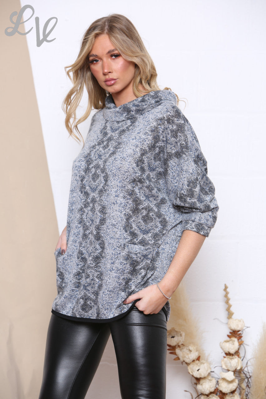 Ladies Snake Print Cowl Neck Jumper Grey Unit Price WAS £9.99 NOW £3.99