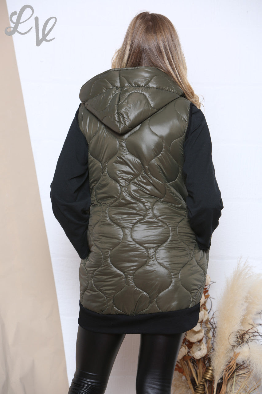 Ladies Life Is Beautiful Tapes Quilted Hooded Gilet Khaki