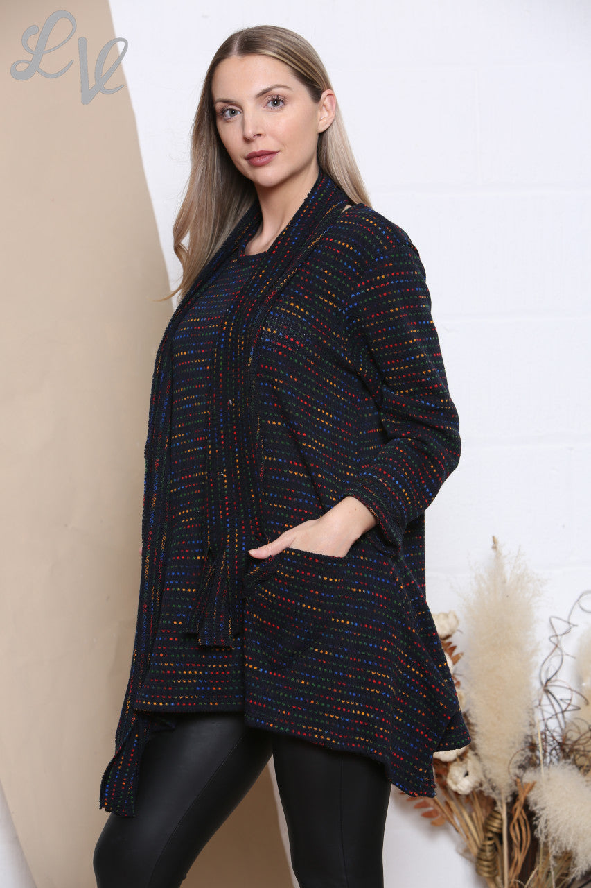 Ladies Multicoloured Knit Tunic Jumper Top With Scarf Navy