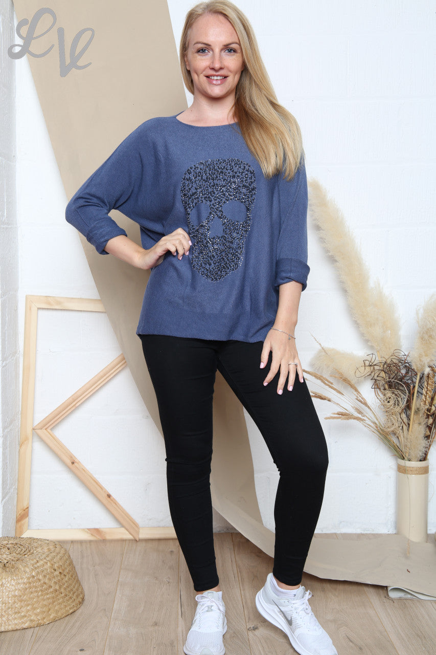 Ladies Sequin Skull Fine Knit Top Denim Unit Price WAS £16.99 NOW £8.99