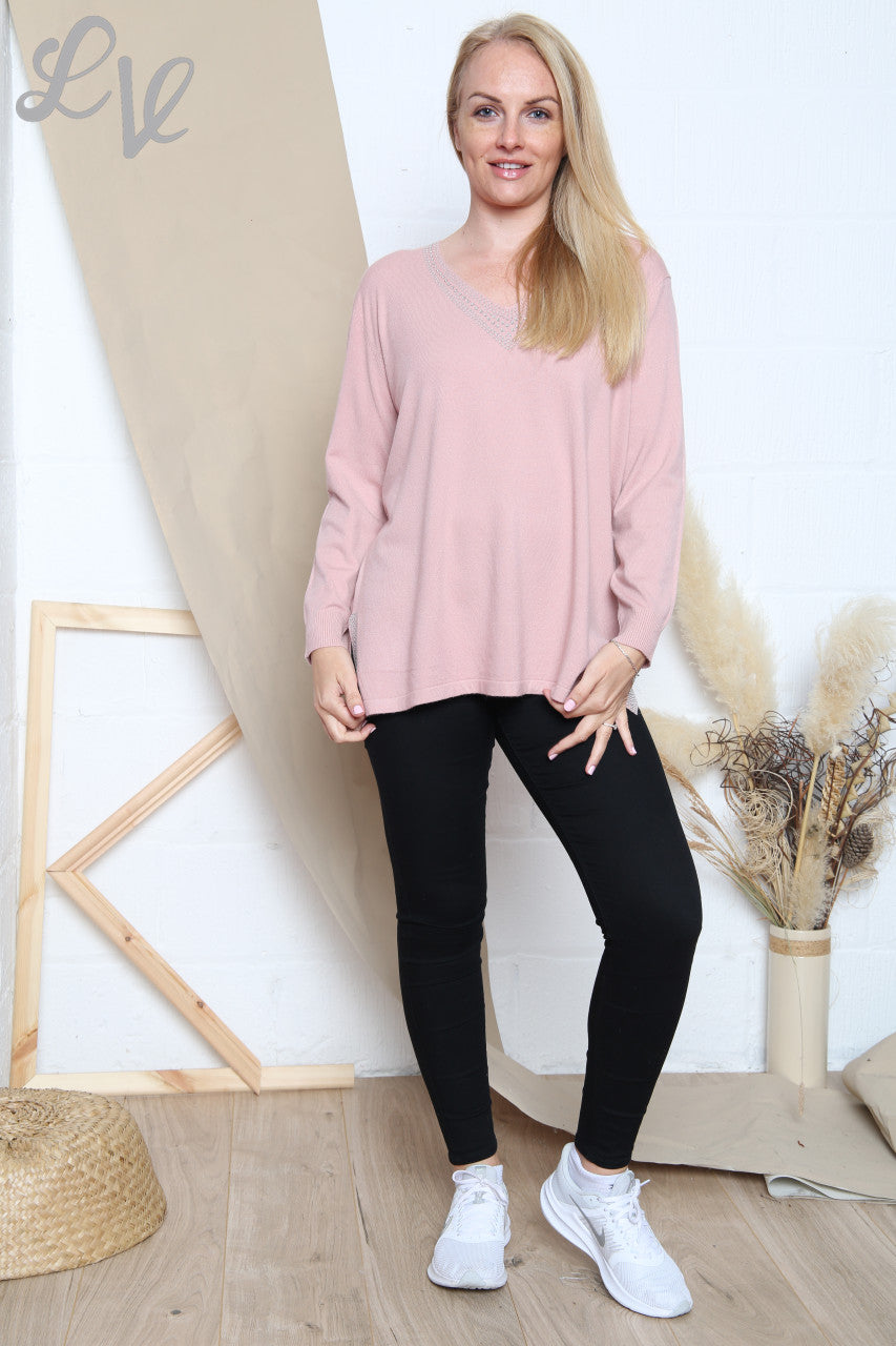 Ladies Sequin Neckline Fine Knit Jumper Dusty Pink Unit Price £14.99