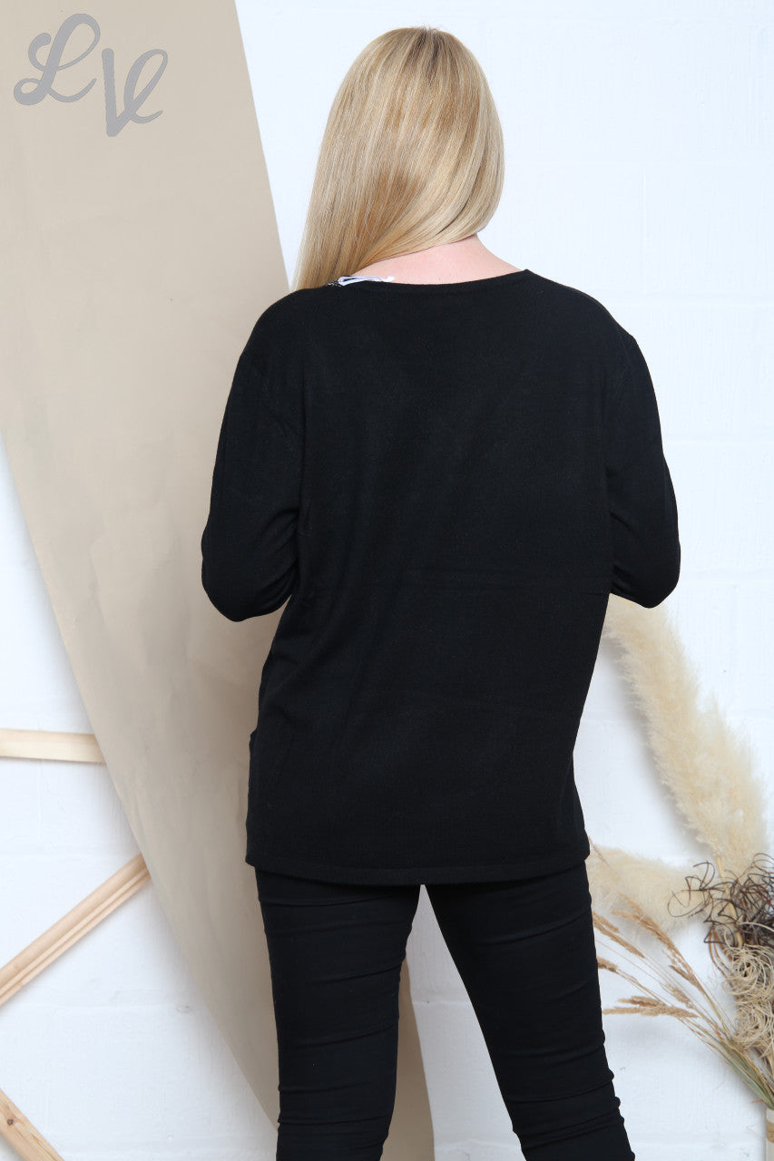 Dames Fijne Gebreide Trui met Pailletten Halslijn Zwart Stukprijs € 14,99
