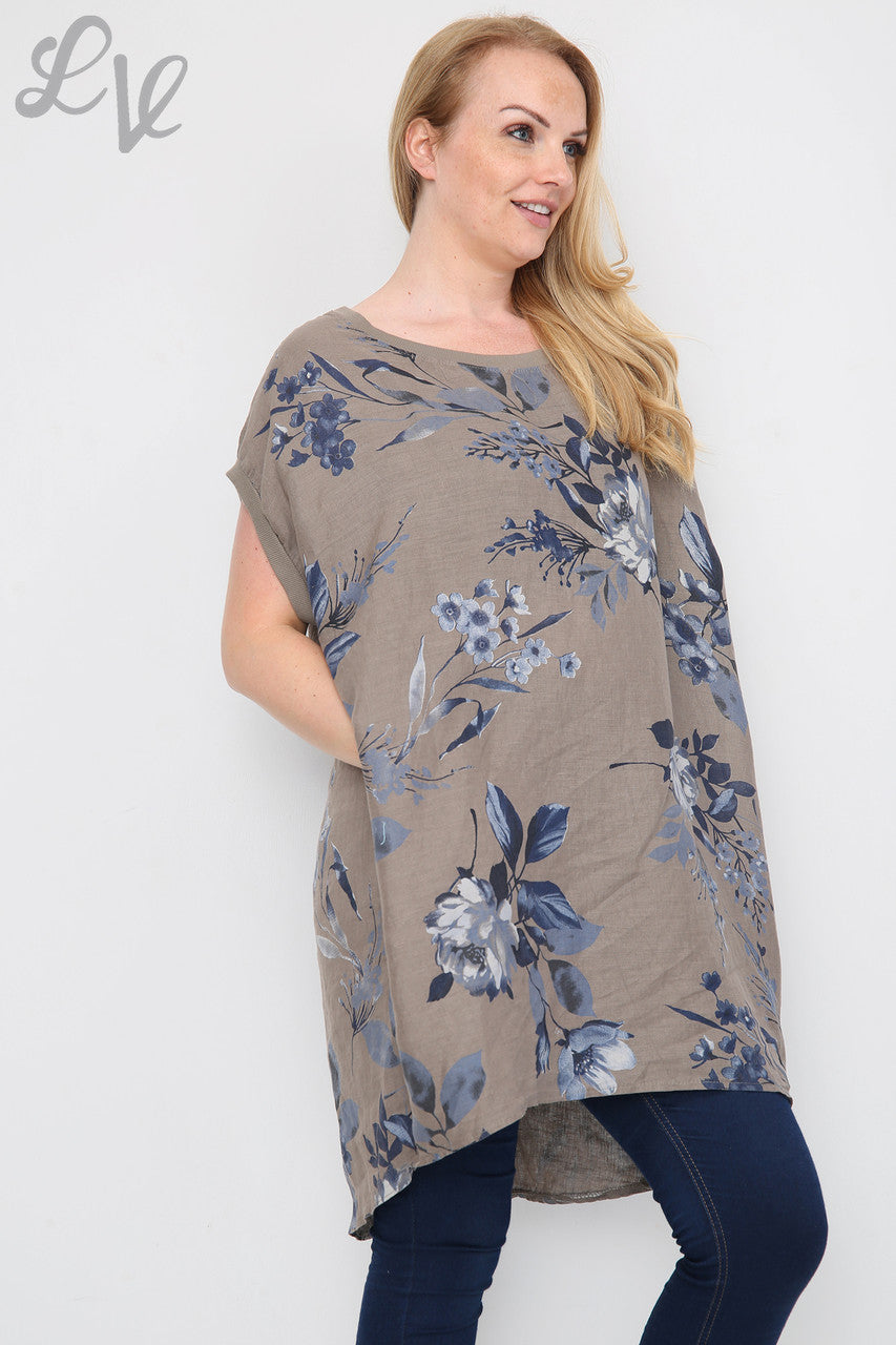 Ladies Floral Leaf Print Tunic Dress Taupe Unit Price £12.99