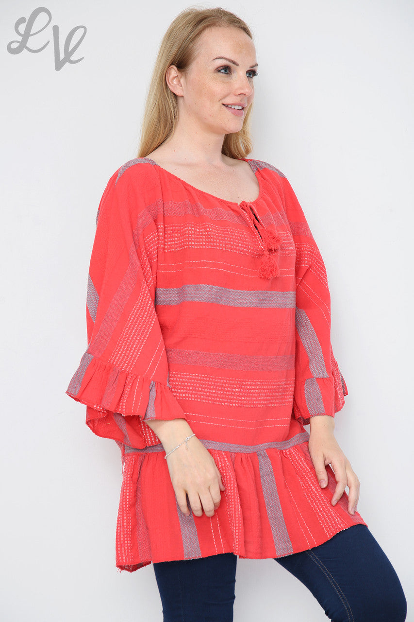 Ladies Stripe Boho Tunic Dress/Top Red Unit Price £13.99
