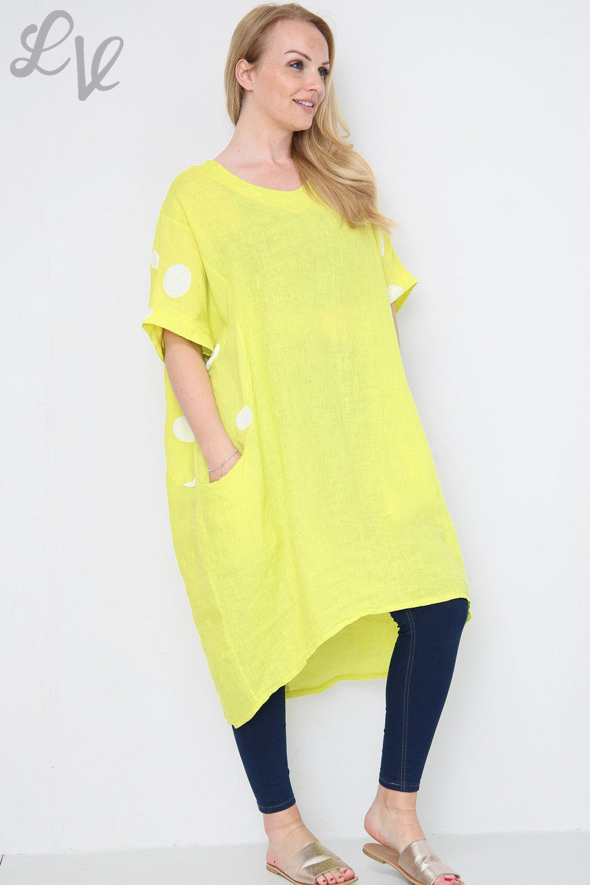 Ladies Polka Dot Linen Tunic Dress Yellow Unit Price £14.99