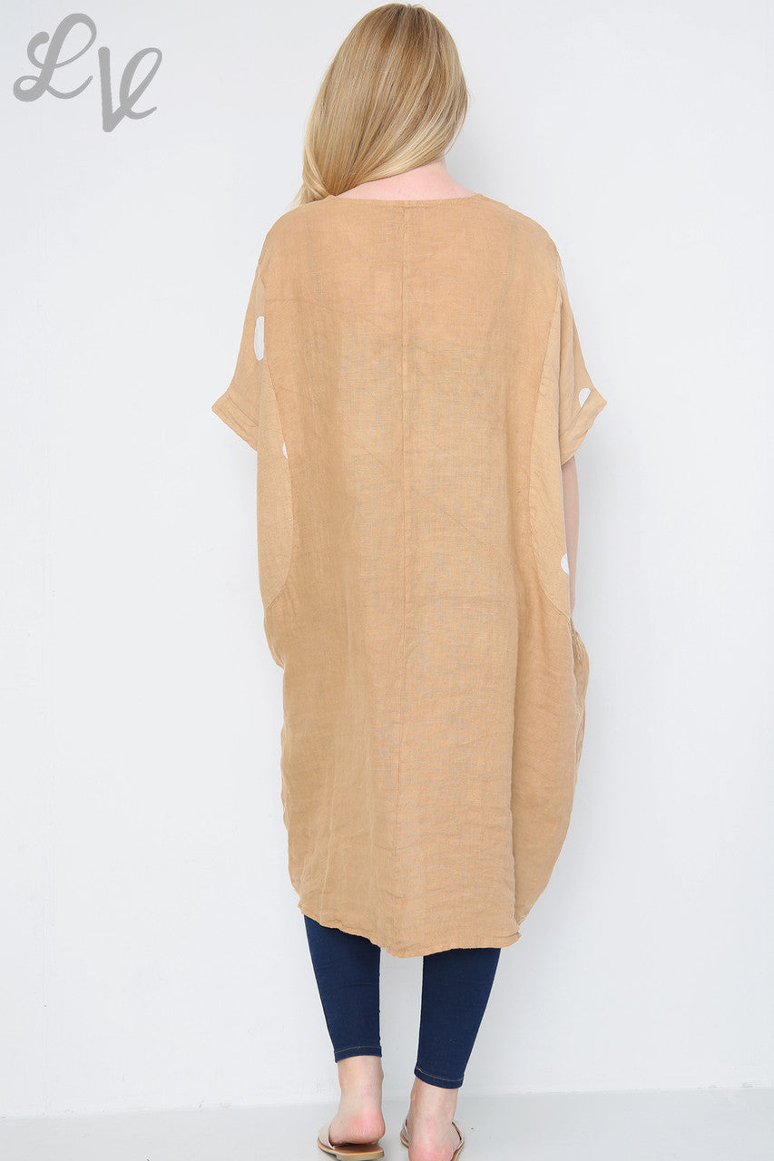 Dames Linnen Tuniekjurk met Stippen Tan Stukprijs € 14,99