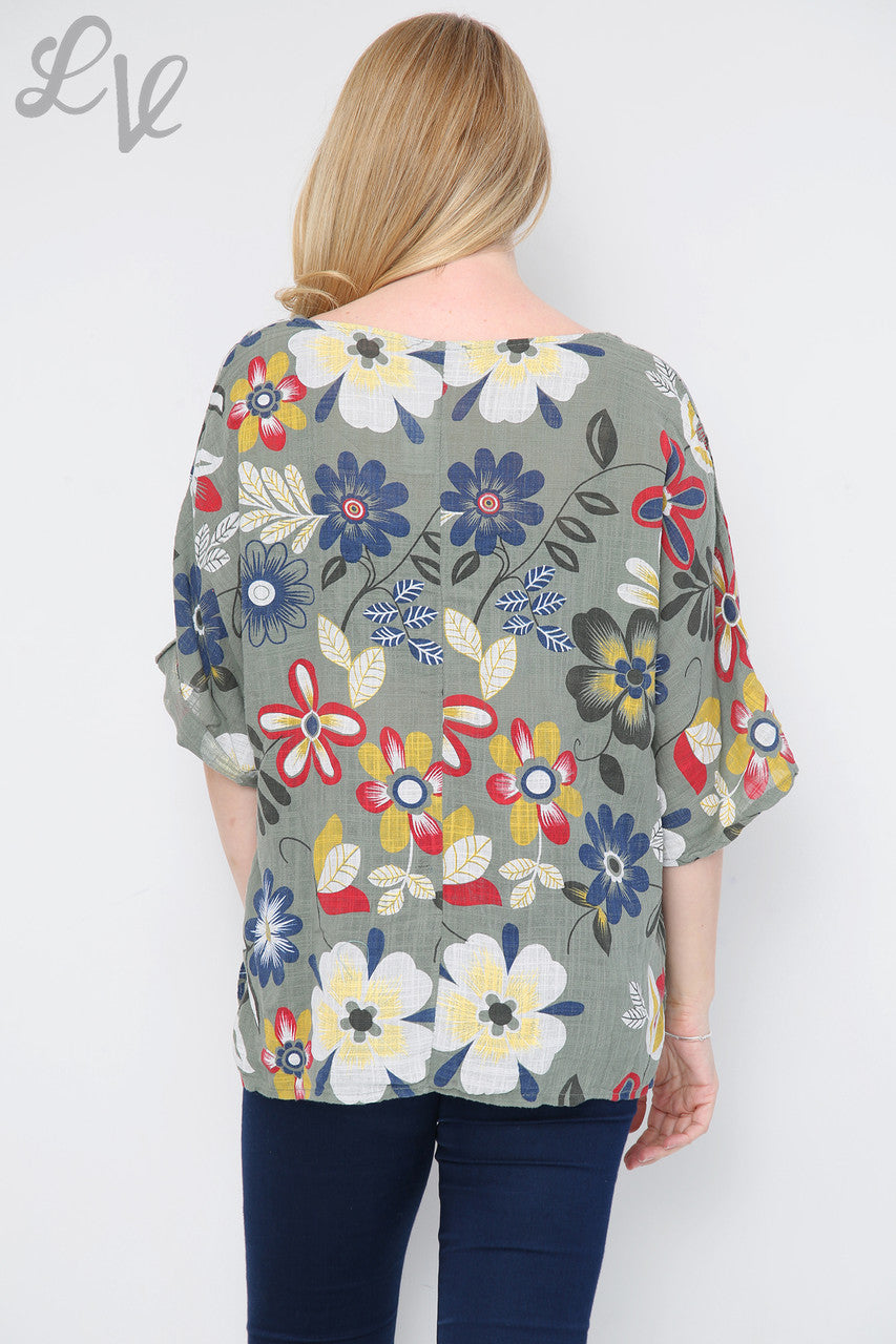 FLORAL MIXTURE PRINT TOP KHAKI
