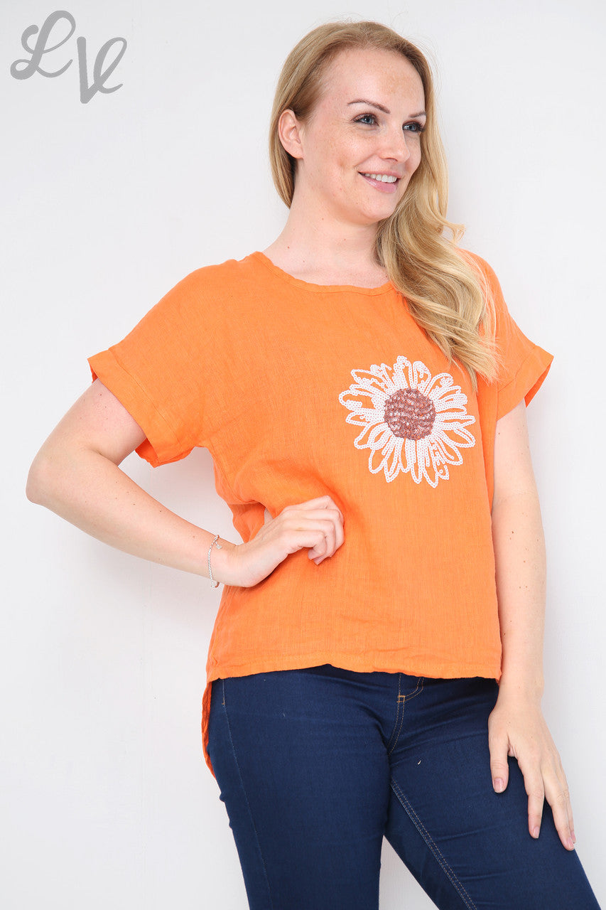 Dames Top met Pailletten Bloem Voorkant Oranje - Prijs per stuk £12,99