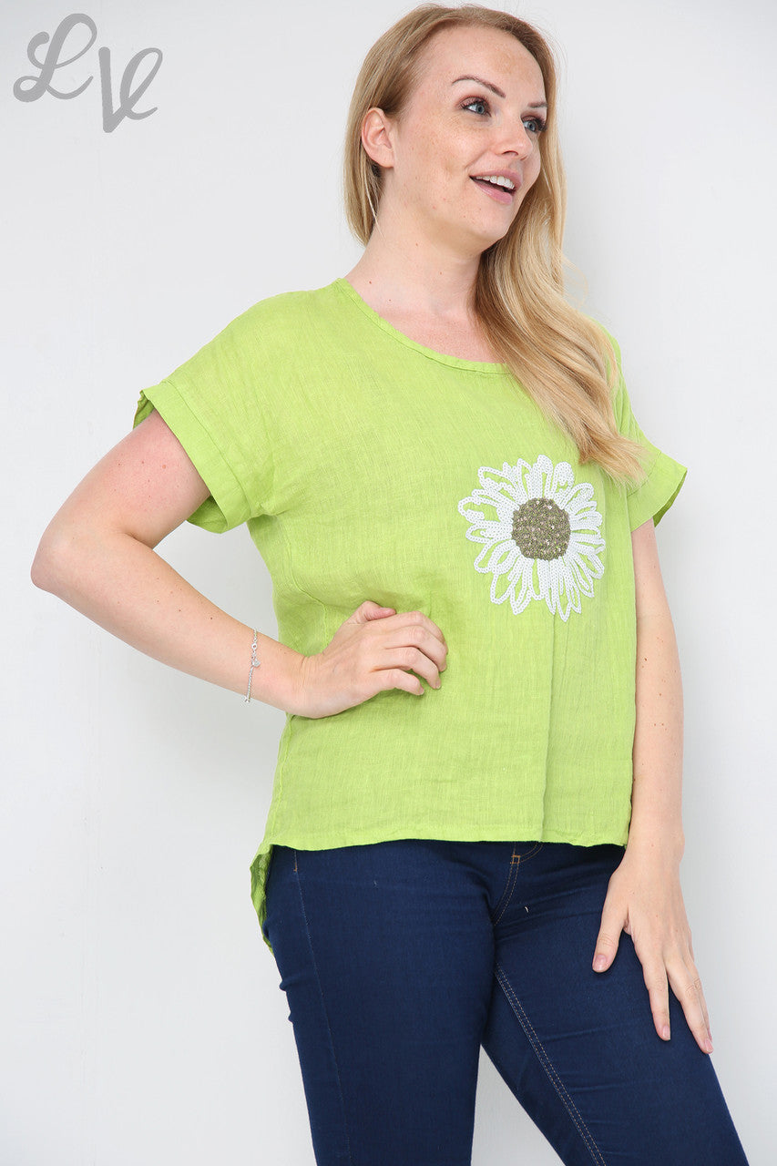 Ladies Sequin Flower Front Top Lime- Unit Price £12.99
