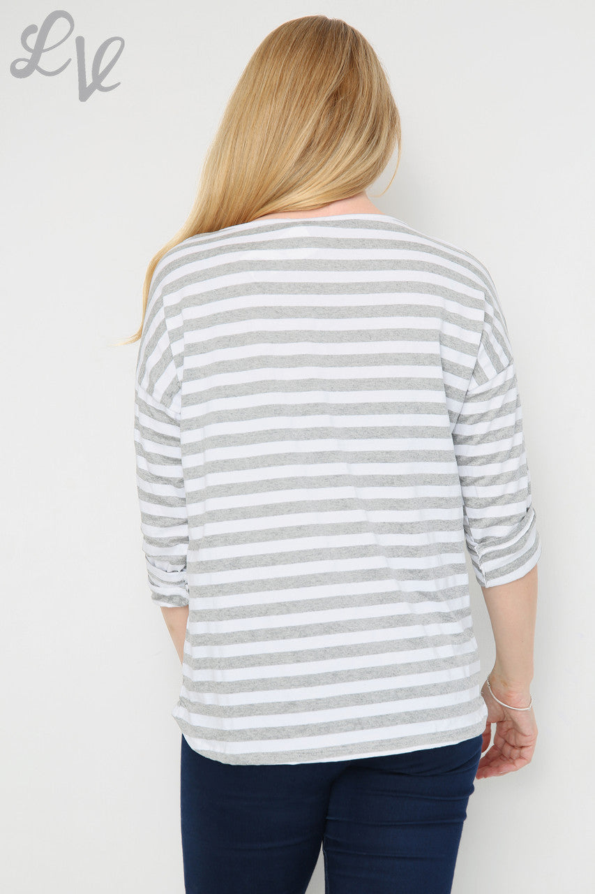 Dames top met strepen en oprolbare mouwen grijs Stukprijs € 4,99