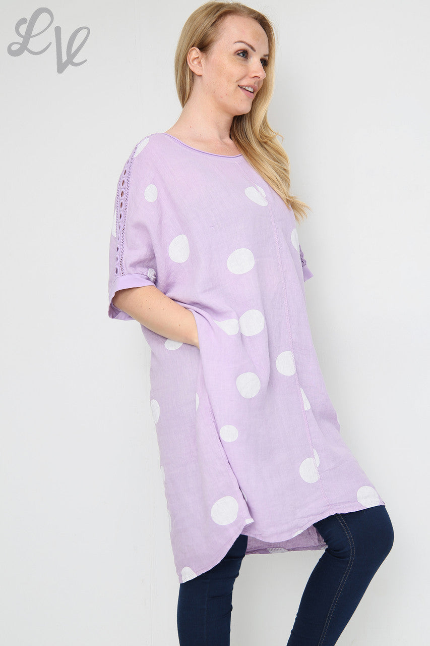 Dames Tunic Jurk met Schouderdetails en Stippenprint van Linnen Paars Stukprijs € 16,99