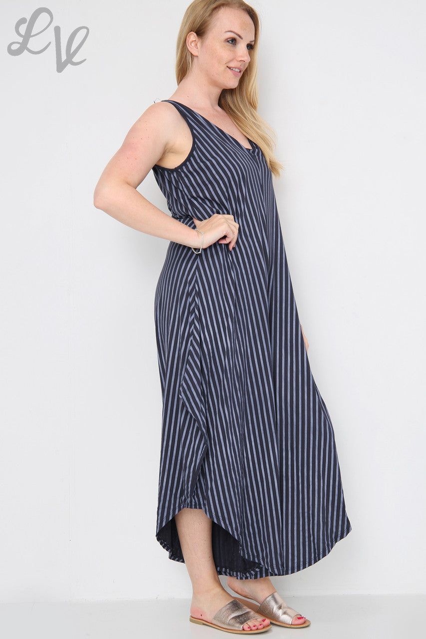 Dames gestreepte jumpsuit met wijde pijpen, marineblauw, eenheidsprijs €9,99