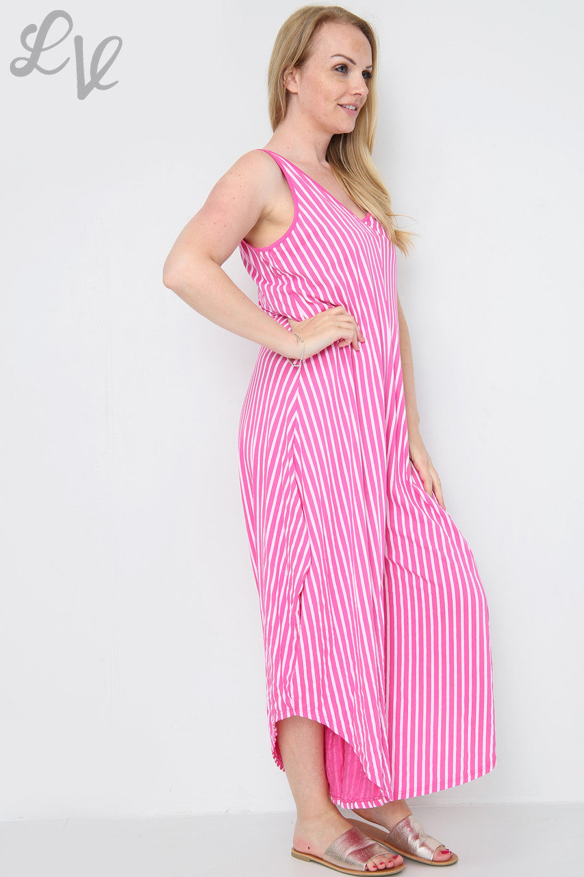 Dames gestreepte jumpsuit met wijde pijpen cerise Prijs per eenheid € 9,99