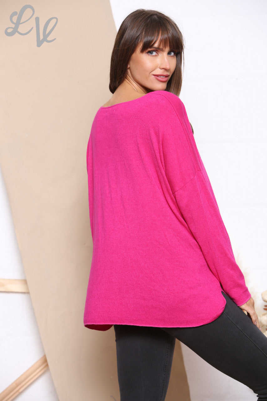 Ladies Sequin Joy Script Fine Knit Jumper Top Cerise