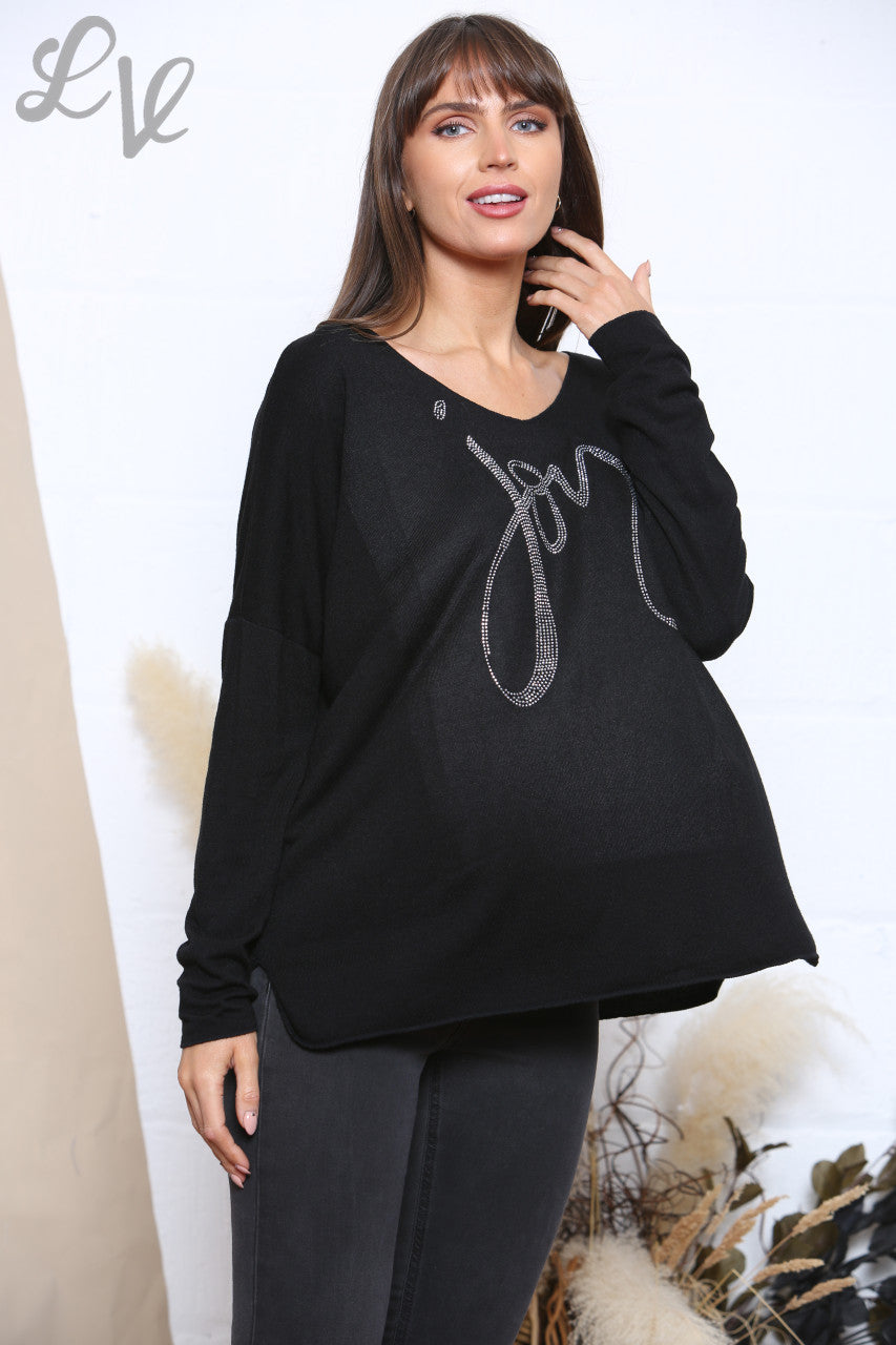 Dames Sequin Joy Script Fijne Gebreide Trui Zwart