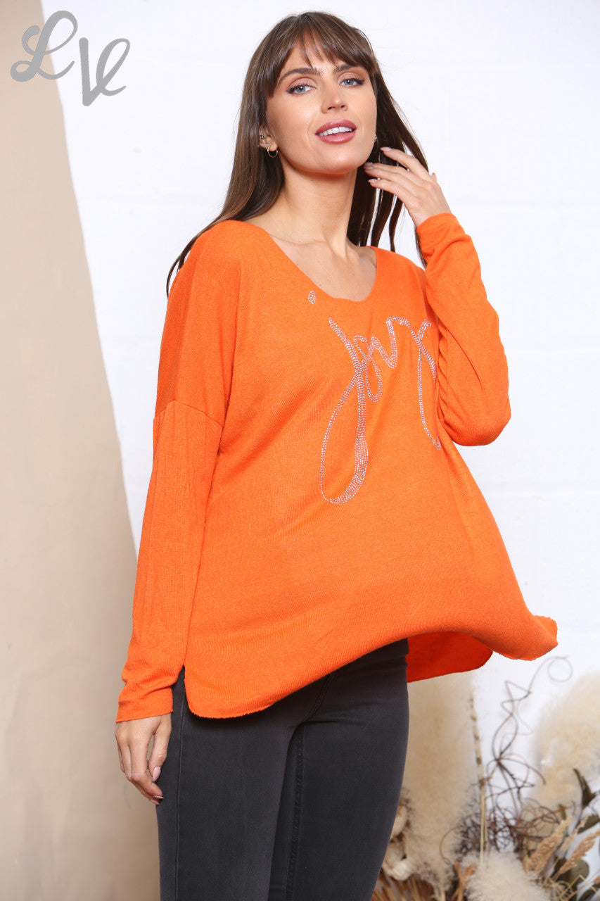 Dames Sequin Joy Script Fijne Gebreide Trui Oranje