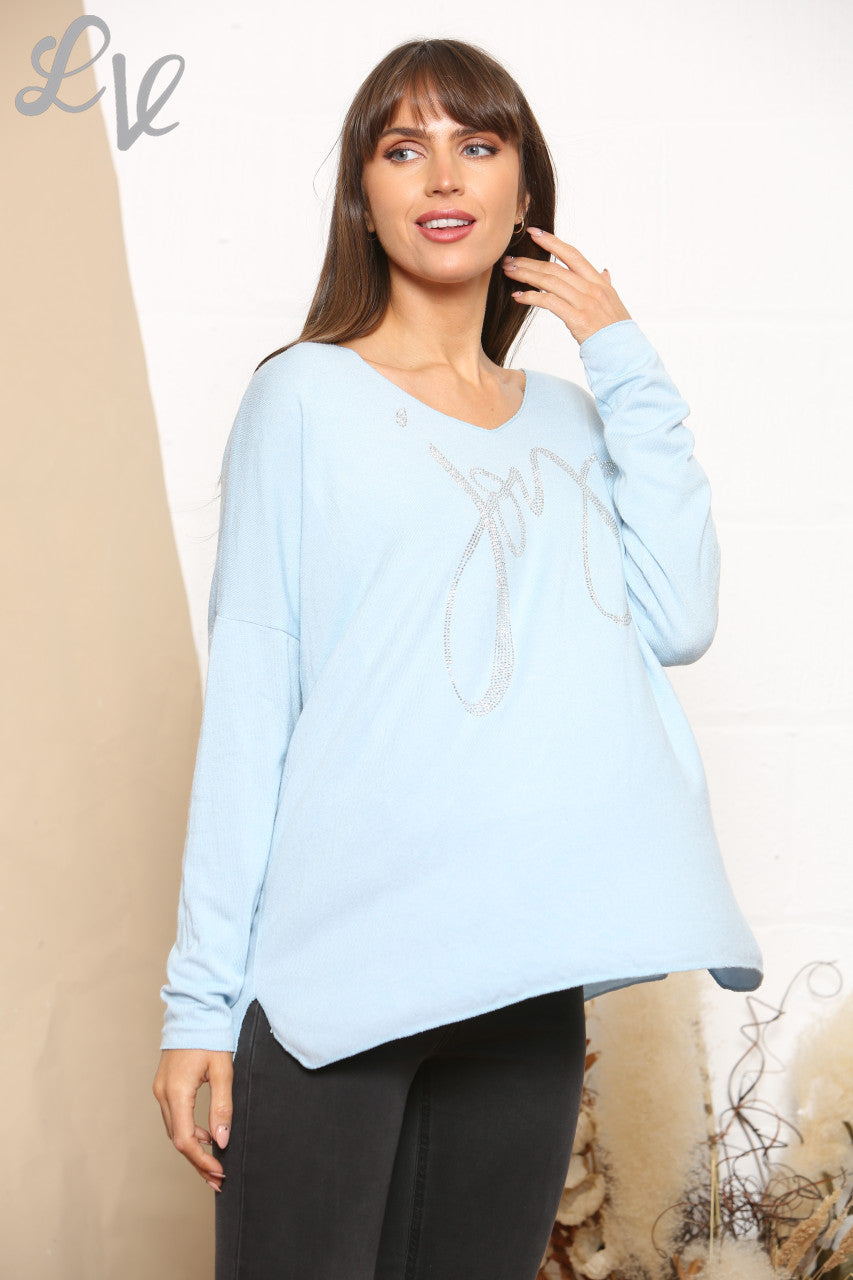 Ladies Sequin Joy Script Fine Knit Jumper Top Sky Blue