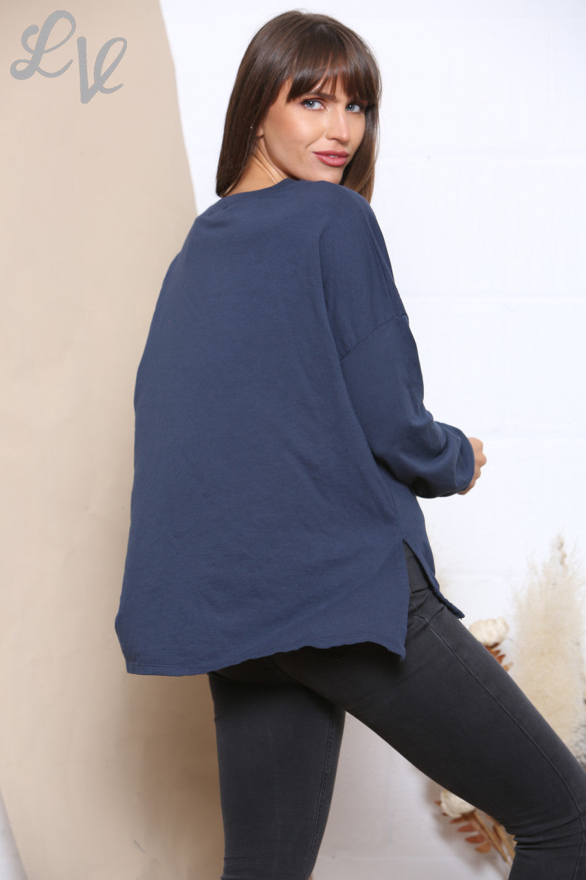 Dames Foil V Script Graphic Sweatshirt Top Marineblauw